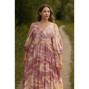 Young Fabulous & Broke Women Maxi Dress Tiered Meadow Tie Dye Flowy Purple Peach